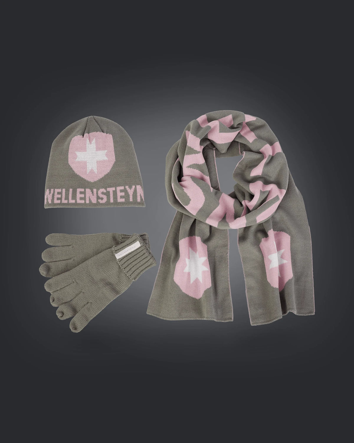 Knit Hat Scarf Glove,105,Grey/Rose